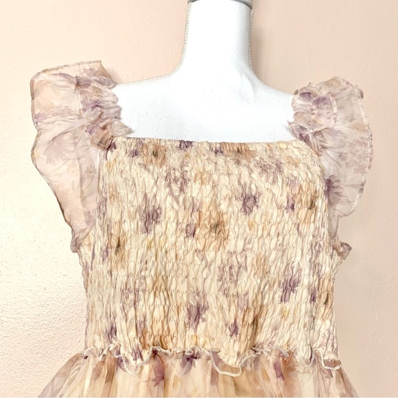 Arula Cream and Purple Smocked Tulle Mesh Floral Dress. - Picture 2 of 9